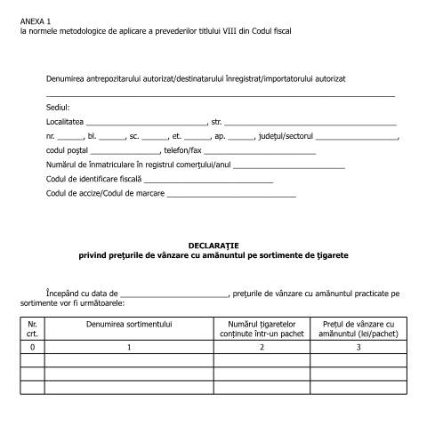 Document preview: Anexa 1 la normele metodologice de aplicare a prevederilor titlului VIII din Codul fiscal - Declarație privind prețurile de vânzare cu amănuntul pe sortimente de țigarete - (HG 1/2016) — Alte documente, România (CERFA n°A1_NMT8CF)