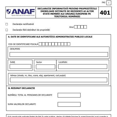 Document preview: Declarație informativă privind proprietățile imobiliare deținute de rezidenți ai altor state membre ale Uniunii Europene pe teritoriul României (Ordinul ministrului finanțelor publice și al viceprim-ministrului, ministrul dezvoltării regionale și administrației publice 4031/2067/2015; Ordinul ministrului finanțelor publice și al viceprim-ministrului, ministrul dezvoltării regionale, administrației publice și fondurilor europene 1016/3824/2017). — Declarații informative, România (CERFA n°D401_OMFP_1016_2017)