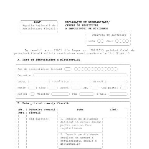 Document preview: Declarație de regularizare/Cerere de restituire a impozitului pe dividende (OPANAF 765/2022) — Alte declarații, România (CERFA n°D_765_2022)