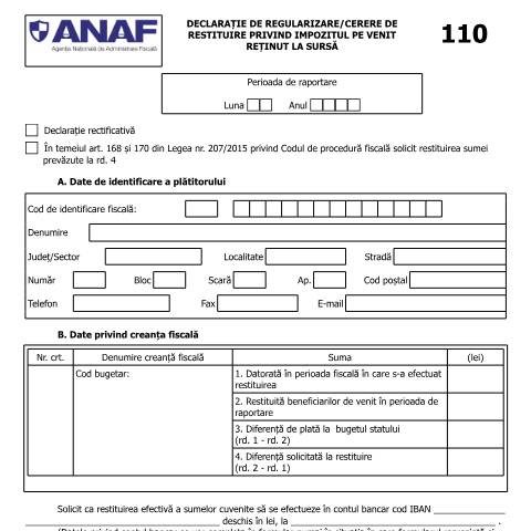 Document preview: Declarație de regularizare/cerere de restituire privind impozitul pe venit reținut la sursă (OPANAF 2779/2017) — Alte declarații, România (CERFA n°D110_OPANAF_2779_2017)