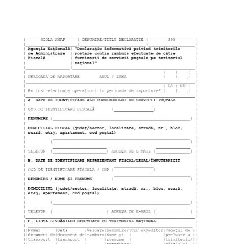 Document preview: Declarație informativă privind trimiterile poștale contra ramburs efectuate de către furnizorii de servicii poștale pe teritoriul național (OPANAF 1644/2022) — Declarații informative, România (CERFA n°395_2022)
