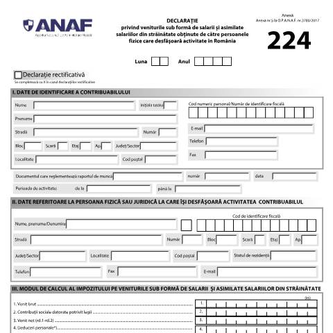 Document preview: Declarație privind veniturile sub formă de salarii și asimilate salariilor din străinătate obținute de către persoanele fizice care desfășoară activitate în România (OPANAF 3780/2017, cu modificările și completările ulterioare) — Declarații impunere, România (CERFA n°224_OPANAF_507_2026)