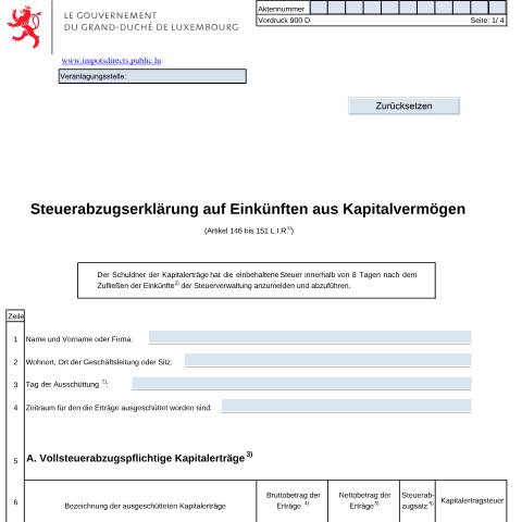Aperçu du document de Steuerabzugserklärung auf Einkünften aus Kapitalvermögen — Impots, Luxembourg (CERFA n°900D)