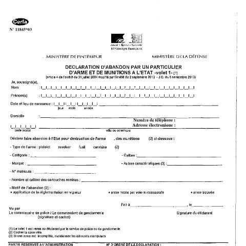 Aperçu du document Déclaration d'abandon par un particulier d'arme et de munitions à l'Etat — Particuliers, France (CERFA n°11845*03)