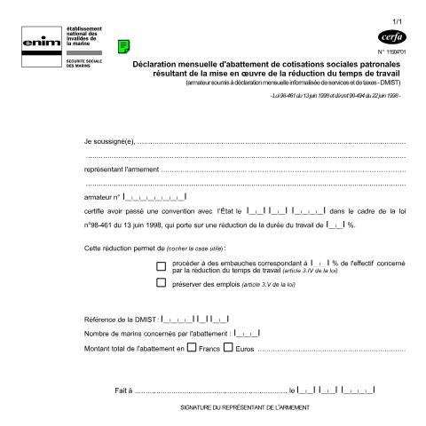 Aperçu du document Déclaration mensuelle d'abattement de cotisations sociales patronales (Sécurité sociale des marins) — Professionnels, France (CERFA n°11504*01)