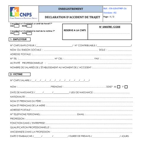 Aperçu du document DECLARATION ACCIDENT DE TRAJET (version 02) — Document CNPS (prévoyance sociale), Côte d'Ivoire