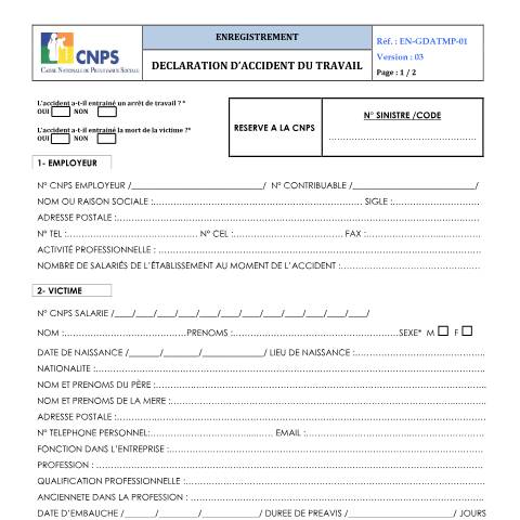 Aperçu du document DECLARATION D’ACCIDENT DU TRAVAIL (version 03) — Document CNPS (prévoyance sociale), Côte d'Ivoire