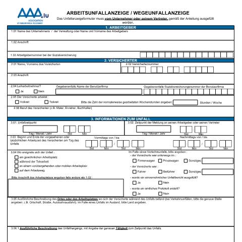 Aperçu du document de Arbeitsunfallanzeige/Wegeunfallanzeige — Accident maladie, Luxembourg (CERFA n°declaration-accident)