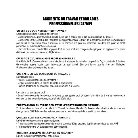 Aperçu du document ACCIDENTS DU TRAVAIL ET MALADIES (ATMP) — Document CNPS (prévoyance sociale), Côte d'Ivoire