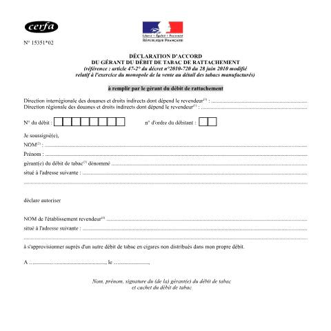 Aperçu du document Déclaration d'accord d'approvisionnement en cigares — Professionnels, France (CERFA n°15351*02)