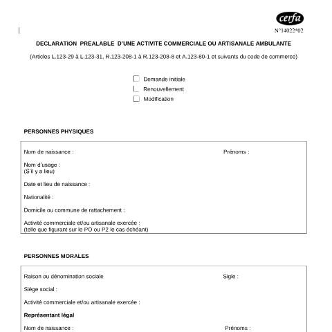 Aperçu du document Déclaration préalable pour l'exercice d'une activité commerciale ou artisanale ambulante — Professionnels, France (CERFA n°14022*02)