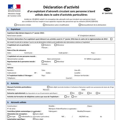 Aperçu du document Déclaration d'activité d'un exploitant d'aéronefs circulant sans personne à bord utilisés dans le cadre d'activités particulières — Professionnels, France (CERFA n°15475*01)