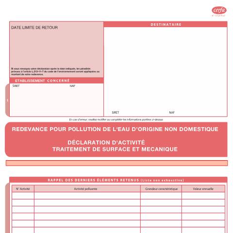 Aperçu du document Redevances pour pollution de l'eau d'origine non domestique et pour modernisation des réseaux de collecte - Déclaration d'activité traitement de surface et mécanique — Professionnels, France (CERFA n°13729*07)