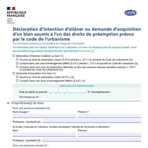 Aperçu du document Déclaration d'intention d'aliéner ou demande d'acquisition d'un bien soumis à un droit de préemption — Particuliers, France (CERFA n°10072*04)