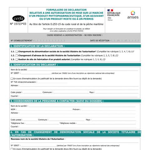 Aperçu du document Formulaire de déclaration relative à une autorisation de mise sur le marché d'un produit phytopharmaceutique, d'un adjuvant ou d'un produit mixte ou à un permis — Professionnels, France (CERFA n°15723*03)