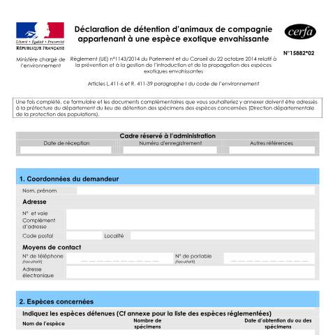 Aperçu du document Déclaration de détention d'animal de compagnie appartenant à une espèce exotique envahissante — Particuliers, France (CERFA n°15882*02)