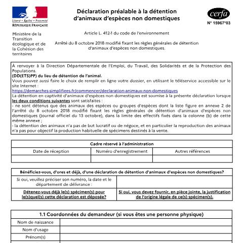 Aperçu du document Déclaration de détention d'animaux d'espèces non domestiques — Particuliers, France (CERFA n°15967*03)