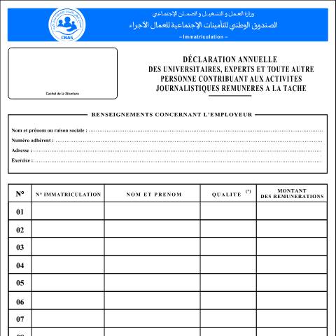 Aperçu du document IM-08 Déclaration annuelle des universitaires, experts et toute autre personne contribuant aux activités journalistiques rémunérés à la tache — CNAS — Formulaires Sécurité sociale, Algérie (CERFA n°IM-08)