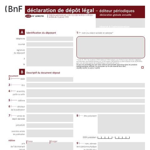 Aperçu du document Déclaration annuelle de dépôt légal d'un périodique - éditeur — Professionnels, France (CERFA n°12381*03)