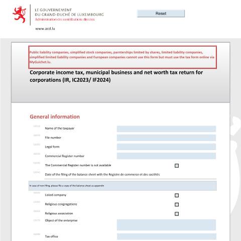 Aperçu du document Corporate income and municipal business tax return for the tax year and net worth tax return for the tax year N+1 — Déclarations téléchargeables au format PDF (pour les années 2021 à 2025), Luxembourg (CERFA n°500 E)