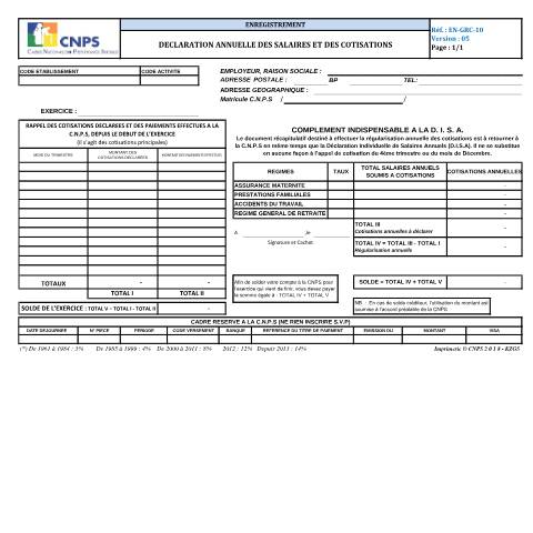 Aperçu du document DECLARATION ANNUELLE DES SALAIRES ET DES COTISATIONS (version 05) — Document CNPS (prévoyance sociale), Côte d'Ivoire