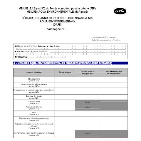 Aperçu du document Déclaration annuelle de respect des engagements aqua-environnementaux (dare) — Professionnels, France (CERFA n°14823*01)