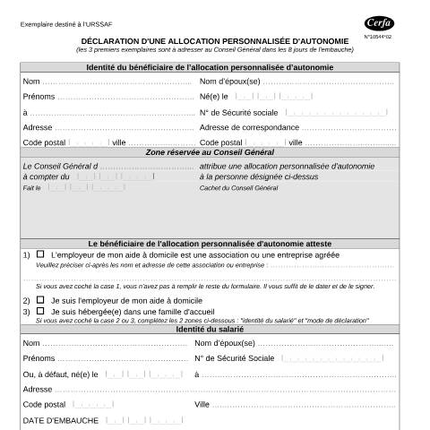 Aperçu du document Déclaration d'une allocation personnalisée d'autonomie — Particuliers, France (CERFA n°10544*02)