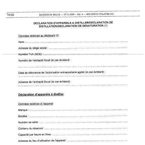 Aperçu du document Déclaration d’appareils à distiller / distillation / dénaturation — Alcool et boissons alcoolisées, Belgique (CERFA n°ACC_FORM_Declaration d'appareils a distiller-distillation-denaturation-2017-03-20)