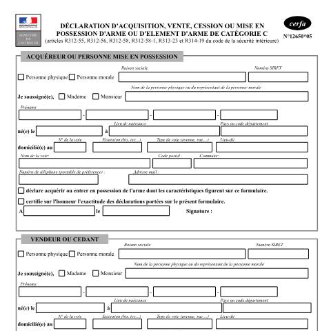 Aperçu du document Arme de catégorie C - Déclaration d'acquisition, vente, cession ou mise en possession — Particuliers, France (CERFA n°12650*05)