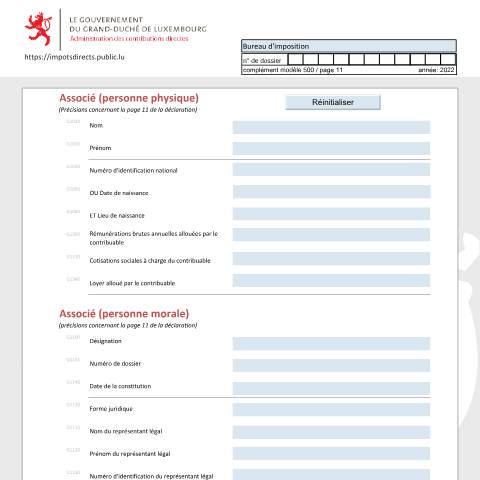 Aperçu du document Associé (personne physique et personne morale) Teilhaber (natürliche Person und juristische Person) Shareholder (physical person and moral person) — Déclarations téléchargeables au format PDF (pour les années 2021 à 2025), Luxembourg (CERFA n°ass-f)