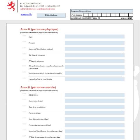Aperçu du document Associé (personne physique et personne morale) Teilhaber (natürliche Person und juristische Person) Shareholder (physical person and moral person) — Déclarations téléchargeables au format PDF (pour les années 2021 à 2025), Luxembourg (CERFA n°assf)