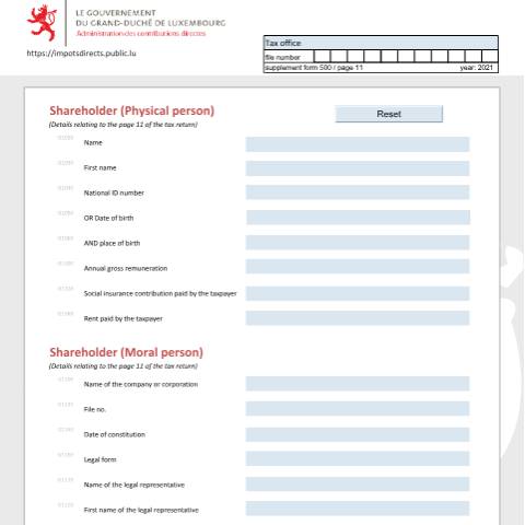 Aperçu du document Associé (personne physique et personne morale) Teilhaber (natürliche Person und juristische Person) Shareholder (physical person and moral person) — Déclarations téléchargeables au format PDF (pour les années 2021 à 2025), Luxembourg (CERFA n°ASS-E)