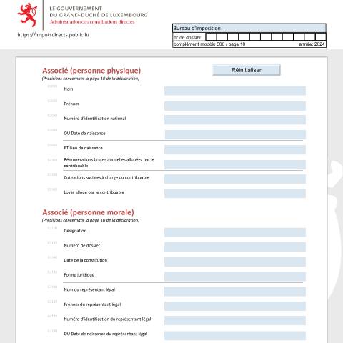 Aperçu du document Associé (personne physique et personne morale) Teilhaber (natürliche Person und juristische Person) Shareholder (physical person and moral person) — Déclarations téléchargeables au format PDF (pour les années 2021 à 2025), Luxembourg (CERFA n°ASS_F)