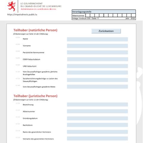 Aperçu du document Associé (personne physique et personne morale) Teilhaber (natürliche Person und juristische Person) Shareholder (physical person and moral person) — Déclarations téléchargeables au format PDF (pour les années 2021 à 2025), Luxembourg (CERFA n°ass-d)