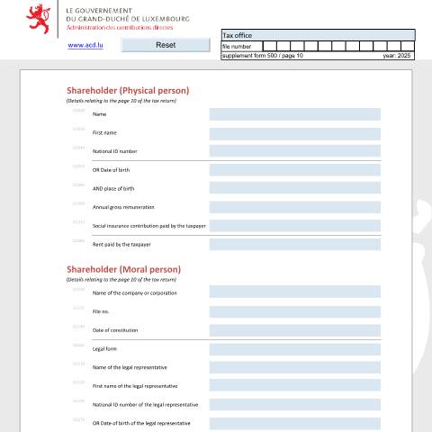 Aperçu du document Associé (personne physique et personne morale) Teilhaber (natürliche Person und juristische Person) Shareholder (physical person and moral person) — Déclarations téléchargeables au format PDF (pour les années 2021 à 2025), Luxembourg (CERFA n°asse)