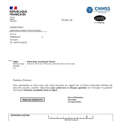 Aperçu du document Déclaration concernant l'assuré à la sécurité sociale militaire — Particuliers, France (CERFA n°11358*08)