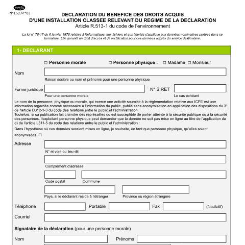 Aperçu du document Déclaration du bénéfice des droits acquis d'une ICPE relevant du régime de la déclaration (cerfa n°15274) — Professionnels, France (CERFA n°15274*03)