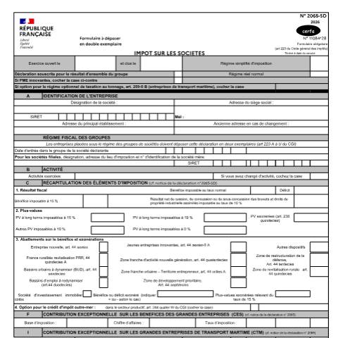Aperçu du document Déclaration des bénéfices - Impôt sur les sociétés (IS) — Professionnels, France (CERFA n°11084)