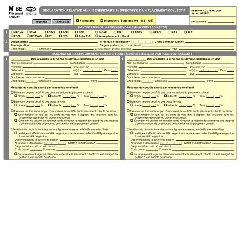 Aperçu du document Déclaration relative aux bénéficiaires effectifs d'un placement collectif (M'BE Placement collectif) — Professionnels, France (CERFA n°16063*02)