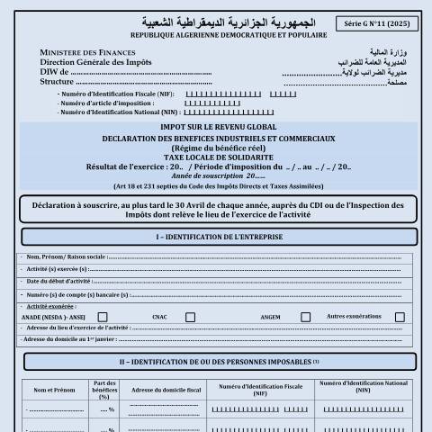Aperçu du document GN° 11 (IRG - BIC) — Formulaires de déclaration, Algérie (CERFA n°GN° 11)