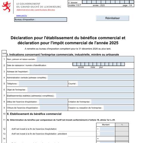 Aperçu du document Déclaration pour l'établissement du bénéfice commercial et déclaration pour l’impôt commercial — Impôt commercial, Luxembourg (CERFA n°110 F)