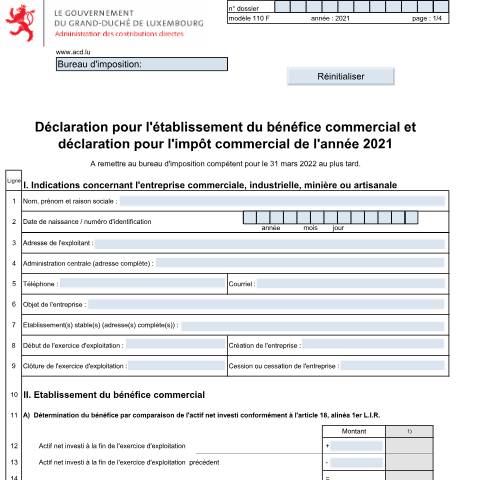 Aperçu du document Déclaration pour l'établissement du bénéfice commercial et déclaration pour l’impôt commercial — Impôt commercial, Luxembourg (CERFA n°110 F)