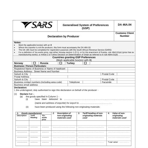 Document preview: DA 46A 04 – Declaration by producer – External Form — PDF Forms, South Africa (CERFA n°DA 46A 04)