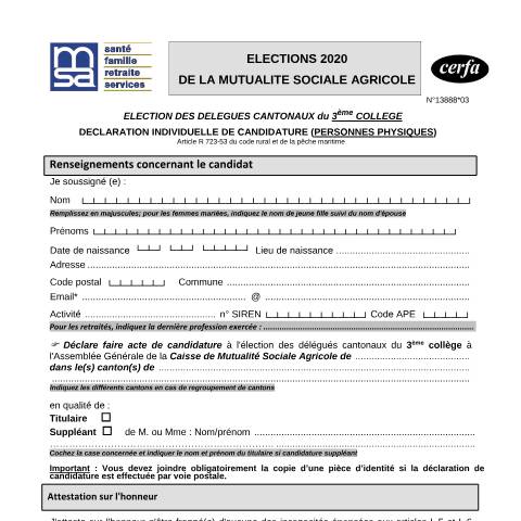 Aperçu du document Déclaration individuelle de candidature - Élection des délégués cantonaux du 3ème collège - Mutualité sociale agricole - Personnes physiques — Particuliers, France (CERFA n°13888*03)