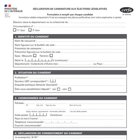 Aperçu du document Déclaration de candidature aux élections législatives — Particuliers, France (CERFA n°16110*02)