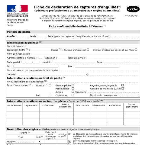 Aperçu du document Fiche de déclaration de captures d’anguilles — Professionnels, France (CERFA n°14347*01)
