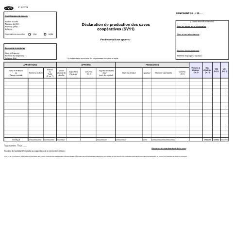 Aperçu du document Déclaration de production des caves coopératives (SV11) — Professionnels, France (CERFA n°10733*04)
