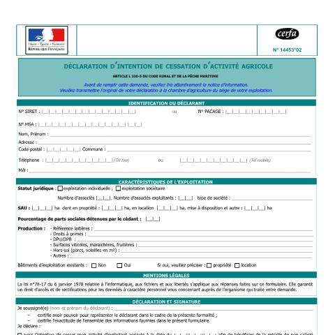 Aperçu du document Déclaration d'intention de cessation d'activité agricole (DICAA) — Professionnels, France (CERFA n°14453*02)