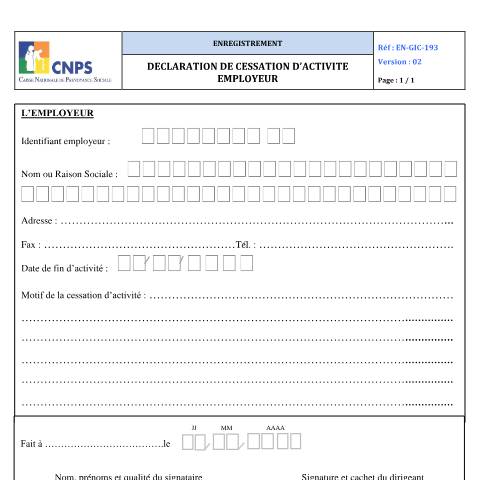 Aperçu du document DECLARATION DE CESSATION D’ACTIVITE EMPLOYEUR (VERSION 02) — Document CNPS (prévoyance sociale), Côte d'Ivoire