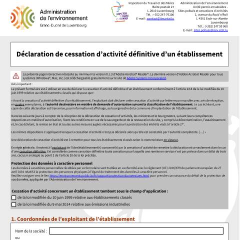 Aperçu du document Déclaration de cessation d’activité définitive d’un établissement — Etablissements classes, Luxembourg (CERFA n°declaration-cessation-activite)